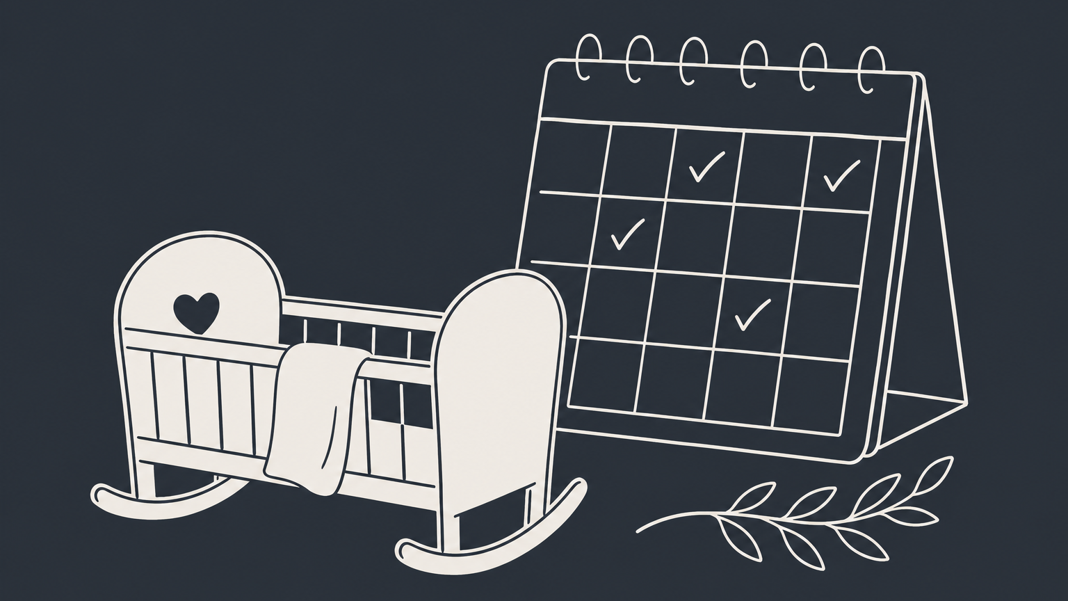 Flat illustration of a baby cradle beside a calendar with checked days, representing maternity leave in Georgia