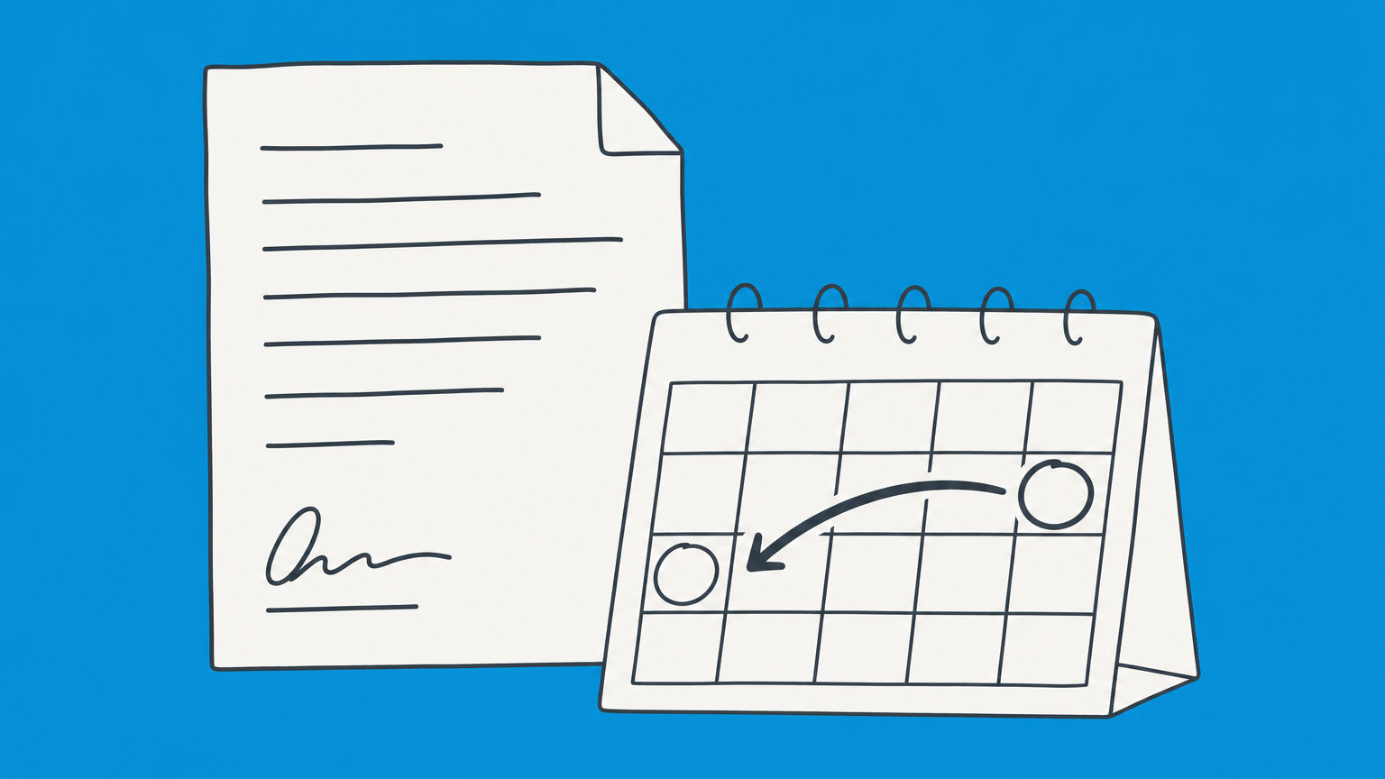 Flat illustration of a signed contract next to a calendar with an arrow pointing back to an earlier date, representing backdating a contract
