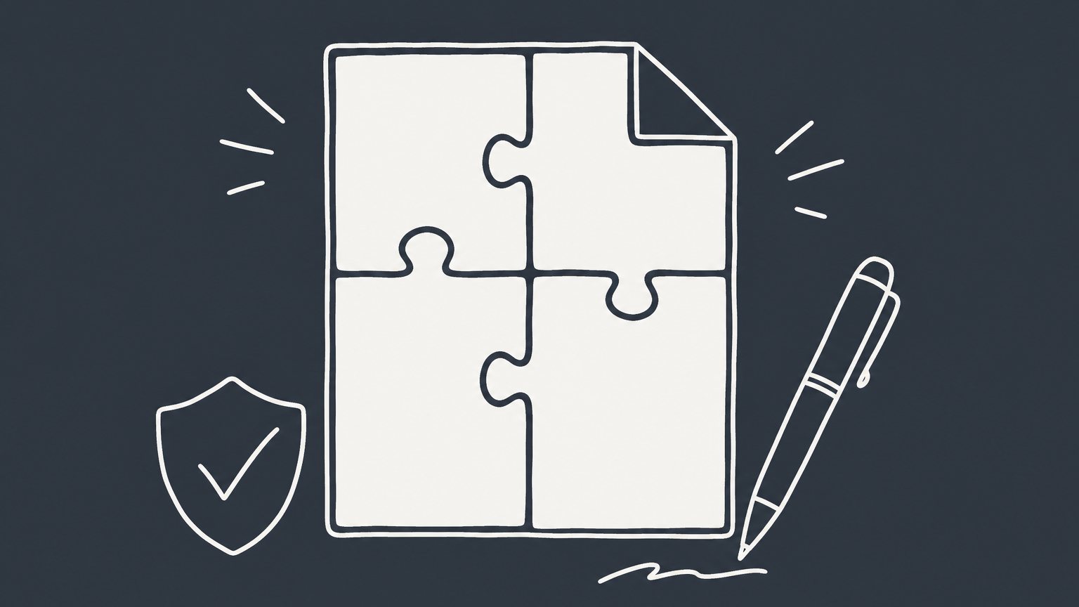 Flat illustration of a contract assembled from puzzle pieces with a pen and a shield checkmark, representing the five elements of a legally binding contract