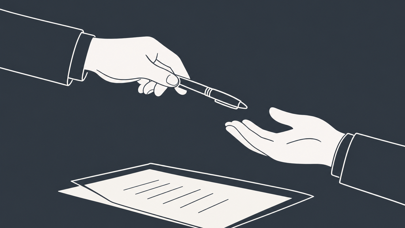Flat illustration of one hand passing a pen to another over a document, representing authorization to sign on behalf of a company