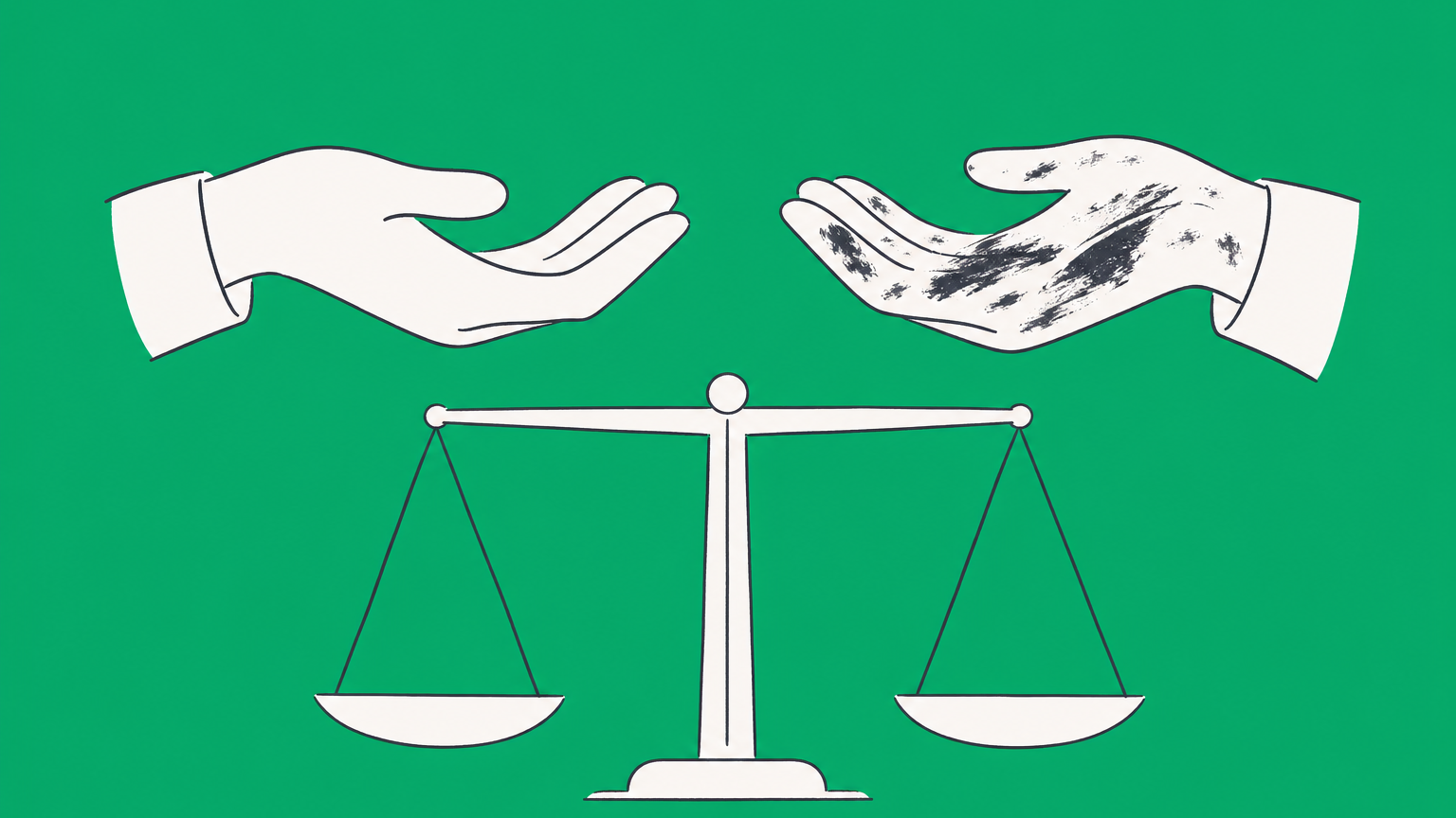 Flat illustration of a clean hand and a stained hand above balanced scales, representing the unclean hands doctrine