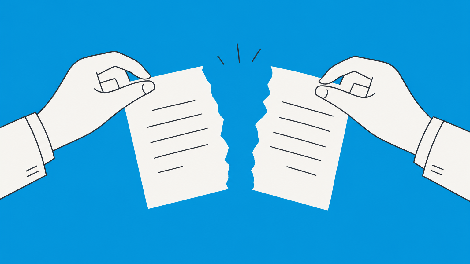 Flat illustration of two hands releasing a torn agreement, representing a releasor and releasee in a release