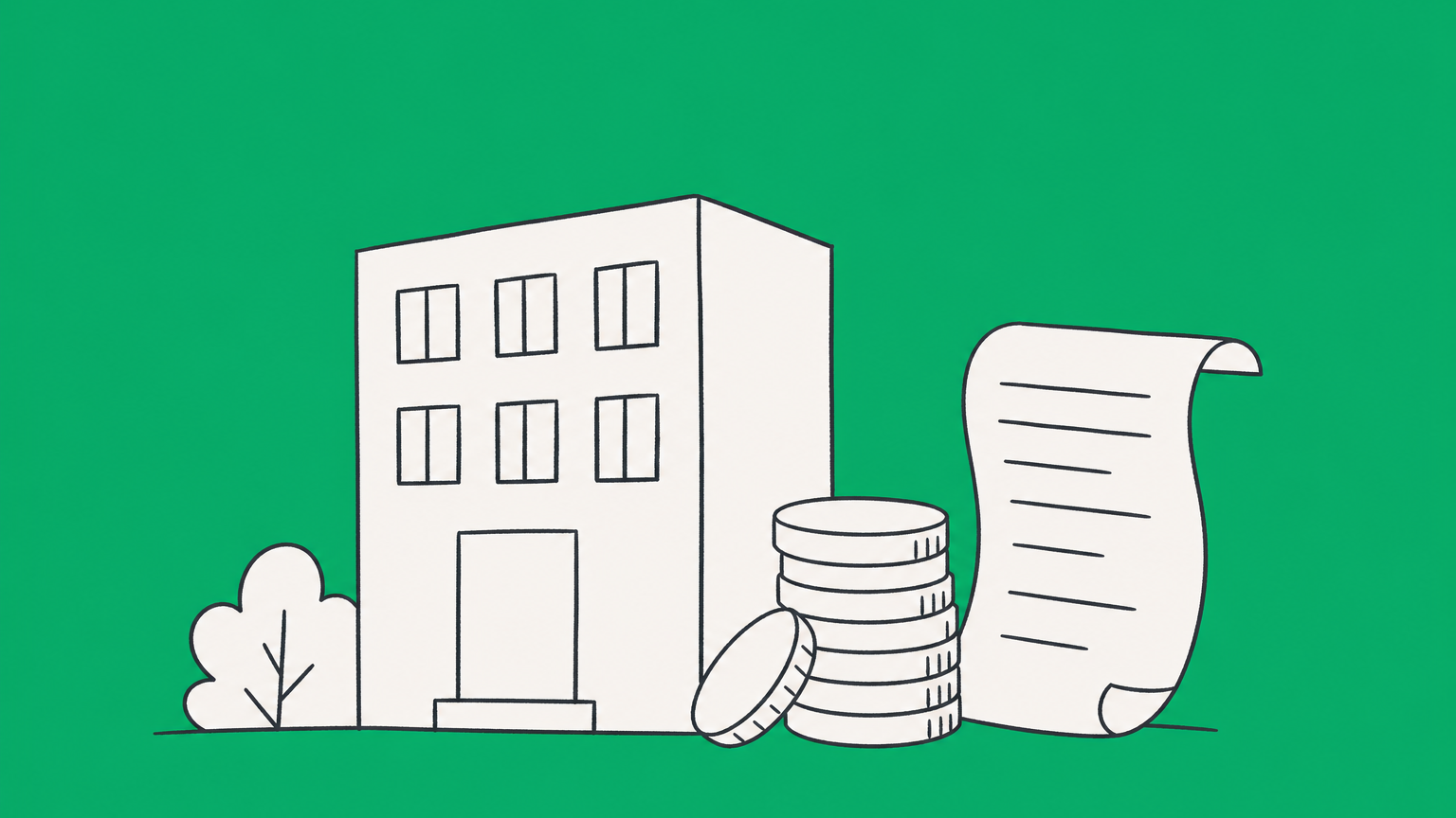 Flat illustration of an office building with coins and a fee schedule, representing the cost to dissolve an LLC or corporation