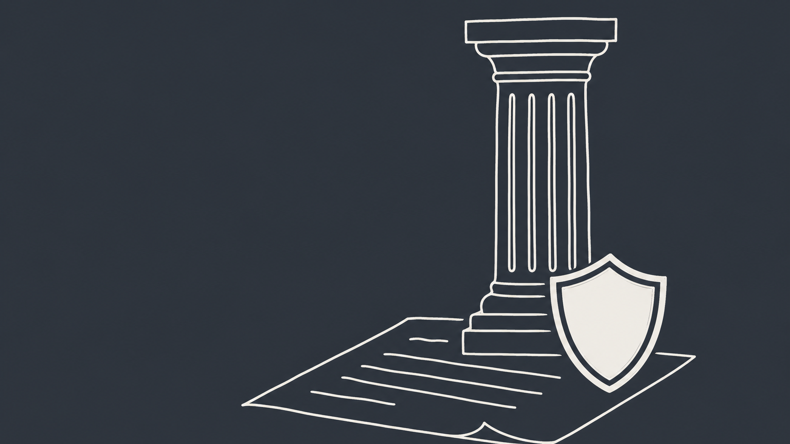 Flat illustration of a foundational column standing on a contract beside a shield, representing conditions and warranties in contract law