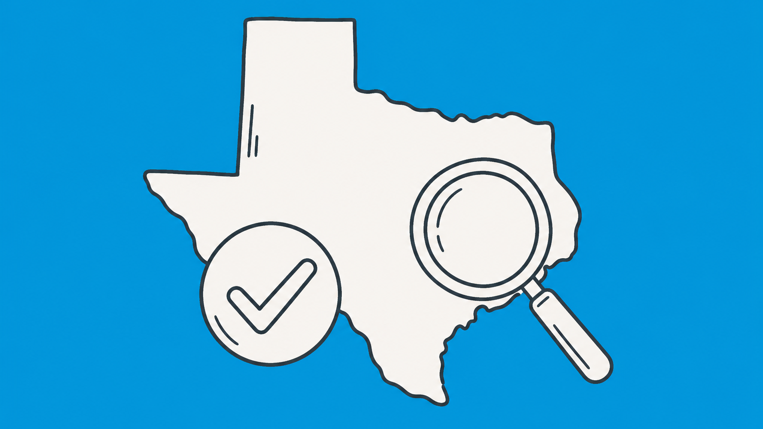 Flat illustration of the Texas state outline with a checkmark and magnifying glass, representing a Texas LLC status check