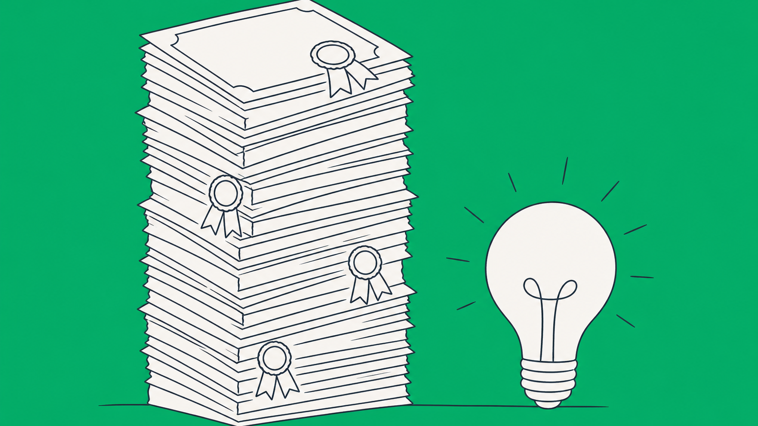 Flat illustration of a tall stack of patent certificates beside a glowing lightbulb, representing the inventors with the most patents