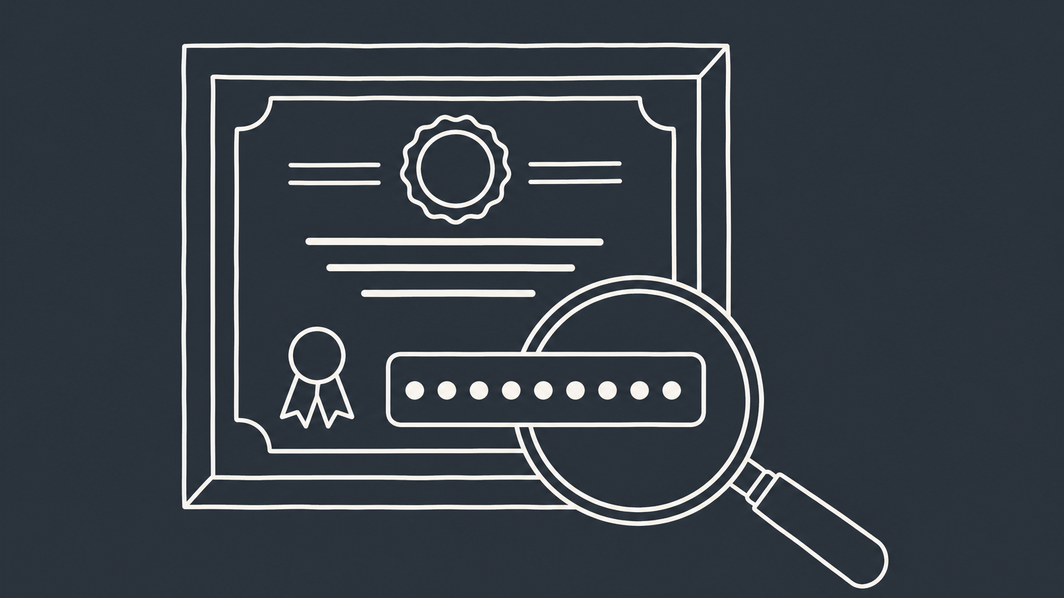 Flat illustration of a business license certificate with a magnifying glass over its license number