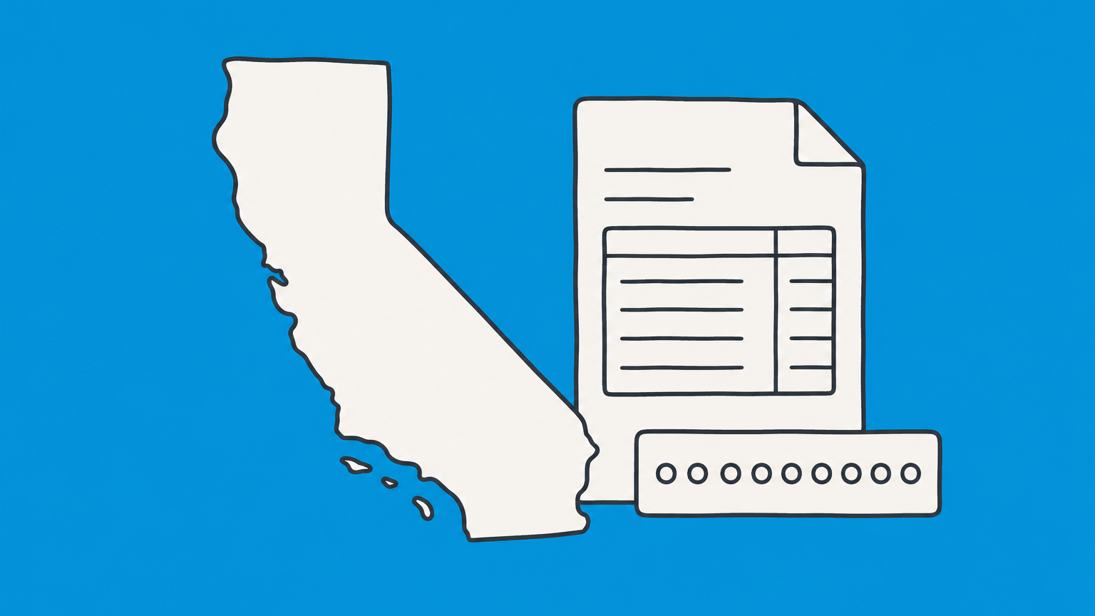 Flat illustration of the California state outline beside a payroll form with an account number, representing a California SEIN