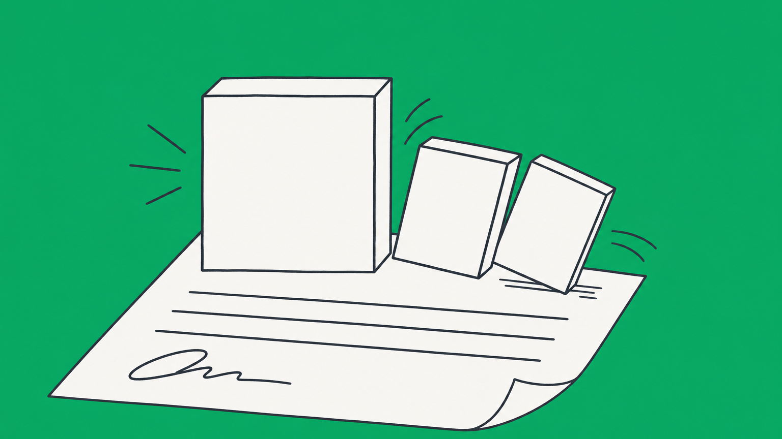Flat illustration of one provision standing firm on a signed contract while others tip over, representing a notwithstanding clause