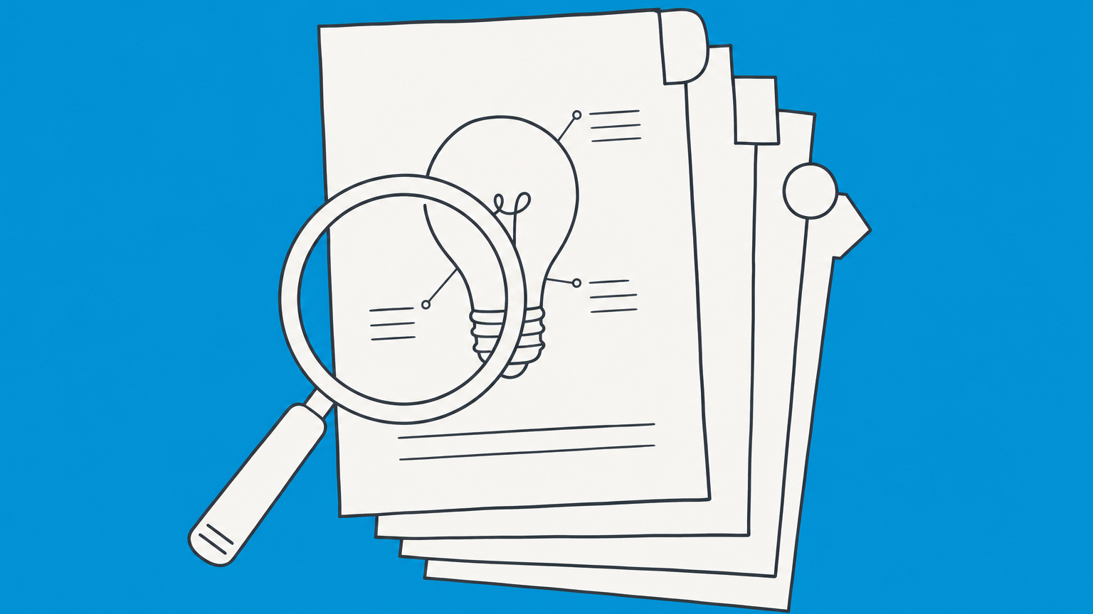 Flat illustration of a magnifying glass and tabbed patent documents representing patent kind codes and publication versions.