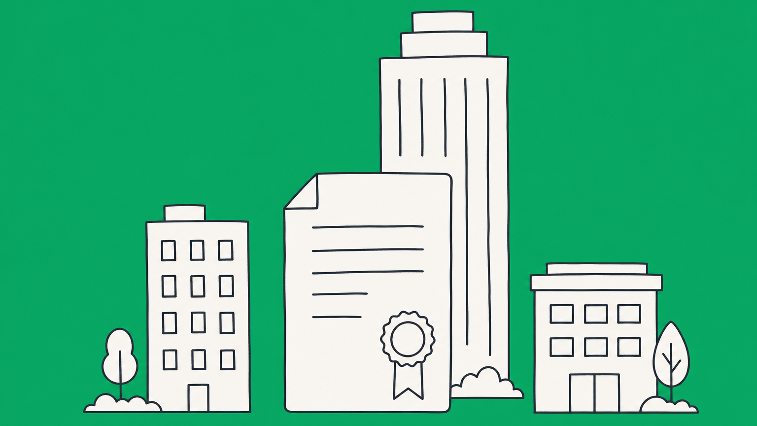Flat illustration of three office buildings around an incorporation document, representing examples of corporations