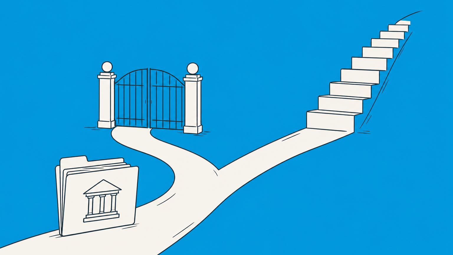 Flat illustration of a courthouse case folder at a fork between a closed gate and an upper staircase, representing whether a motion to dismiss can be appealed.