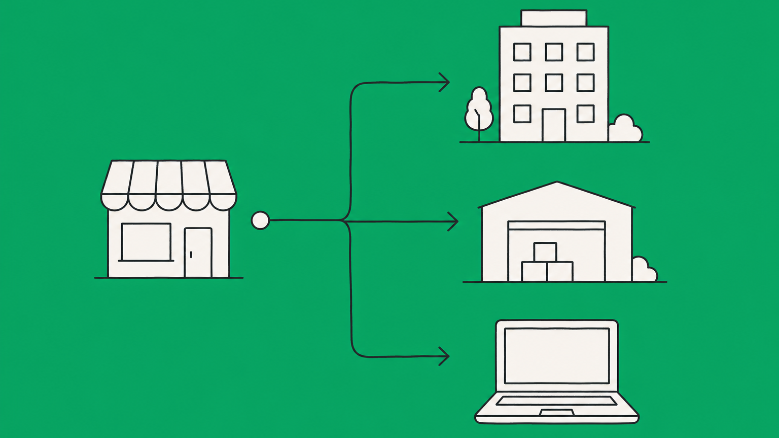 Flat illustration of a storefront connected to several business operations, representing the meaning of enterprise in business.