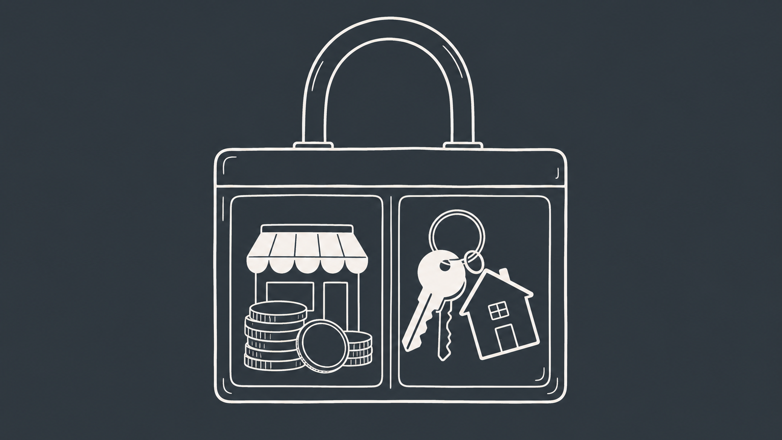 Flat illustration of a two-compartment lockbox separating storefront coins from house keys to represent LLC meaning and separation between business and personal assets.