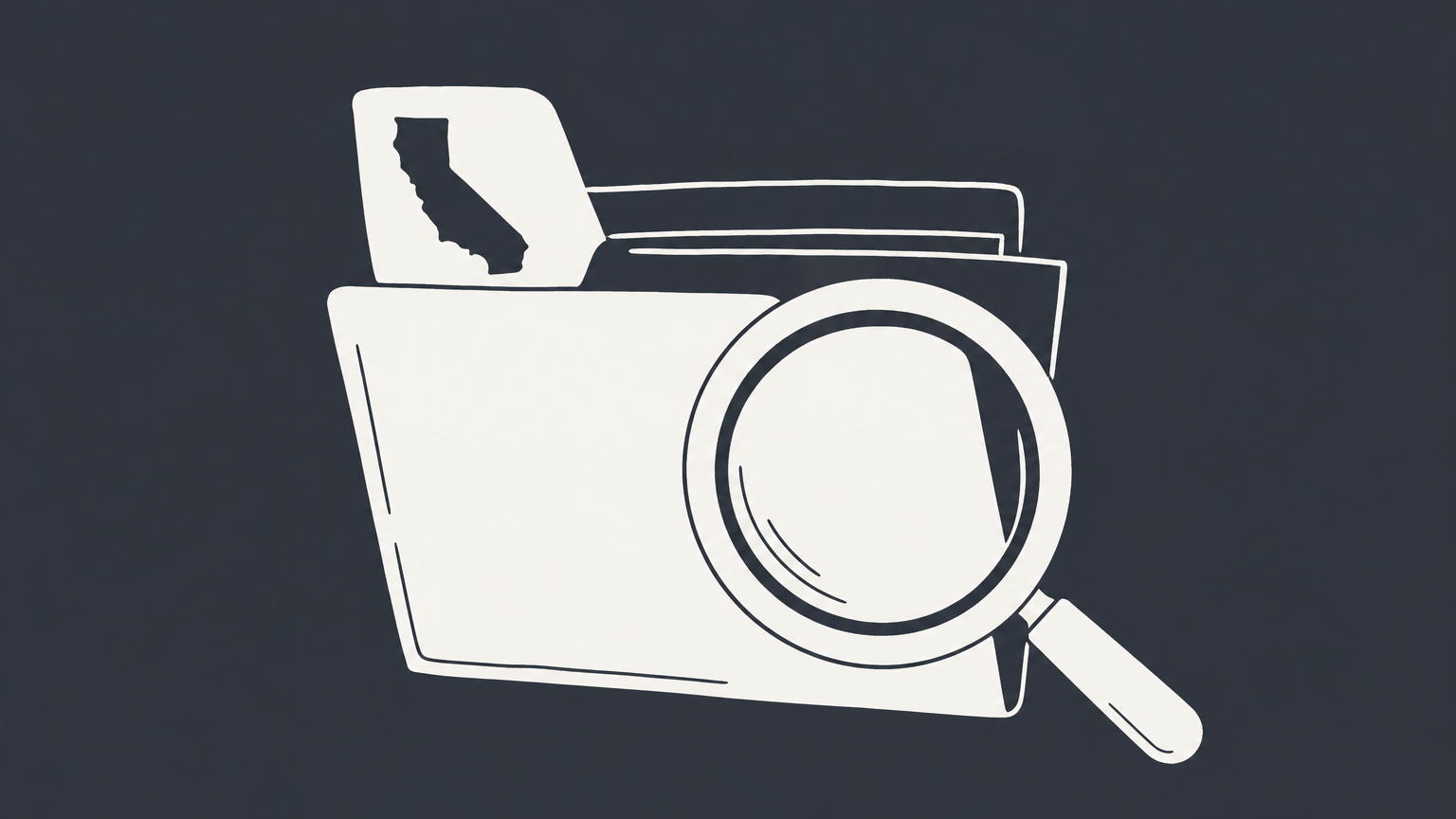 Flat illustration of a magnifying glass over a folder with a California-shaped tab, representing a California business entity search