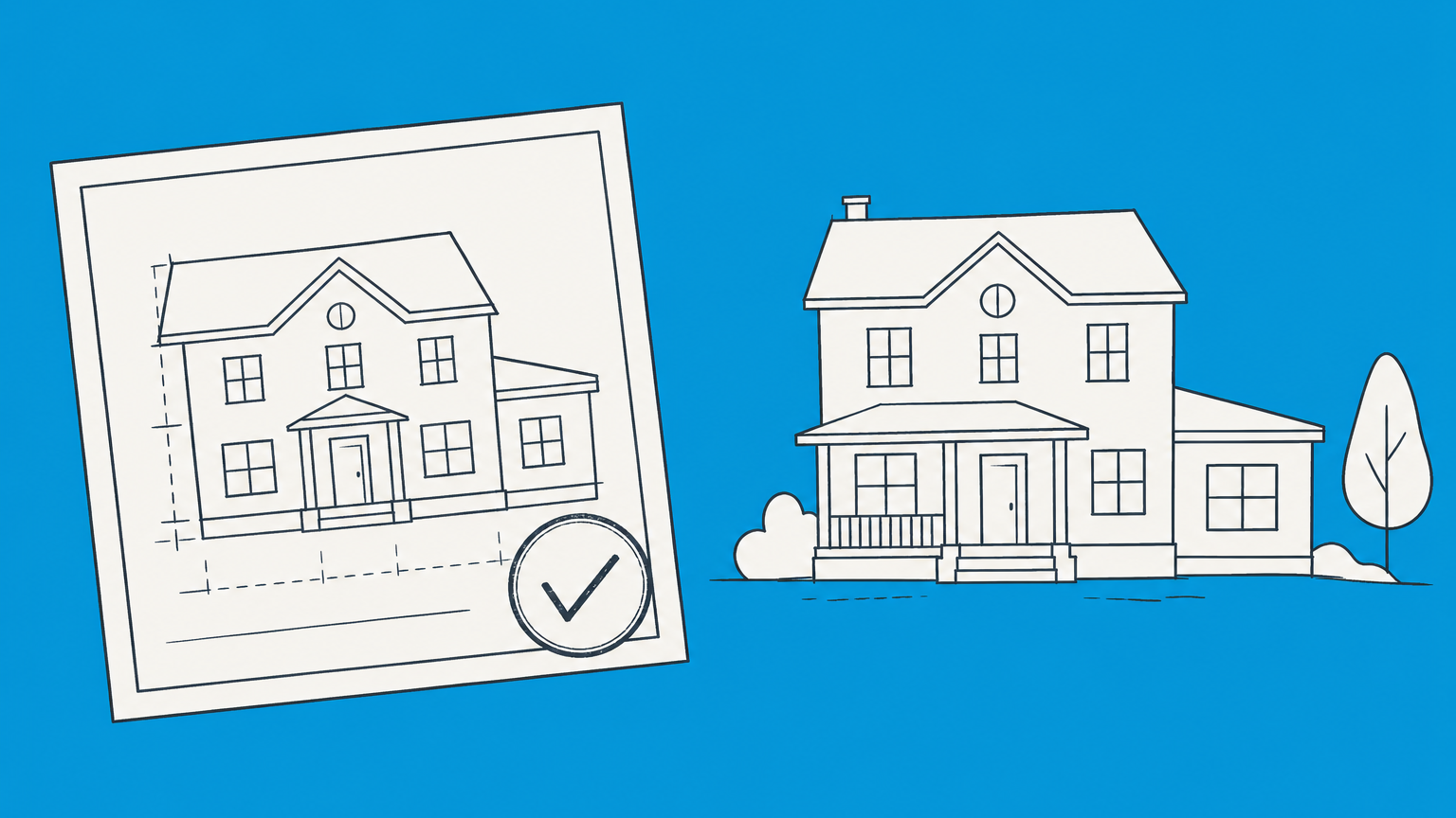 Flat illustration of a stamped blueprint beside a different finished structure representing de jure vs de facto conditions.