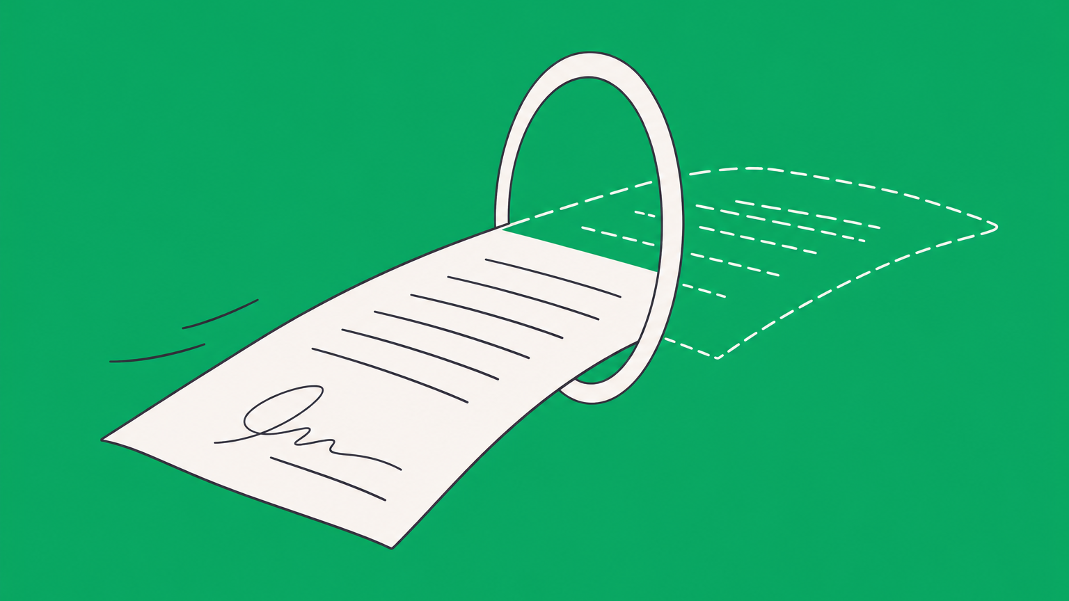 Flat illustration of a signed contract becoming a disconnected outline to represent the legal meaning of null.