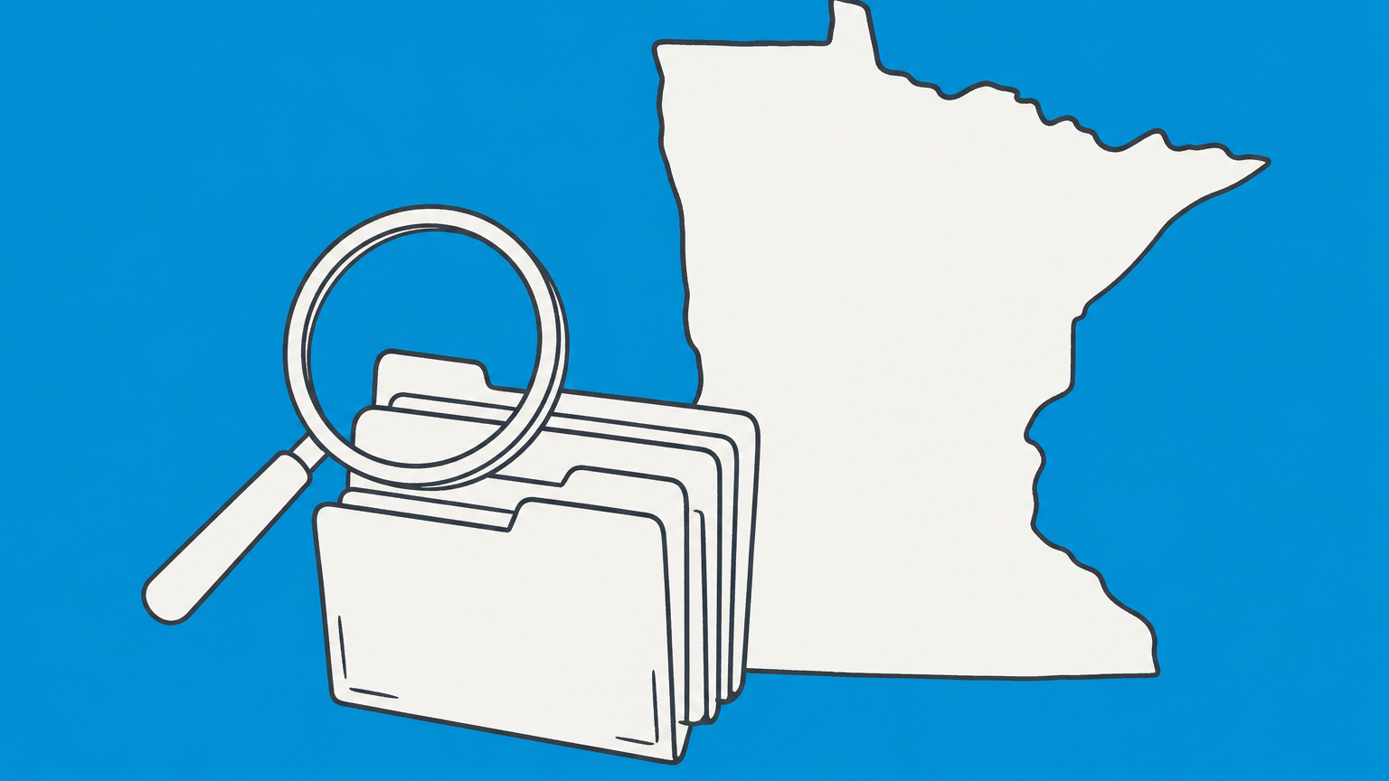 Flat illustration of a magnifying glass examining business filing folders beside Minnesota, representing a Minnesota Secretary of State business search.