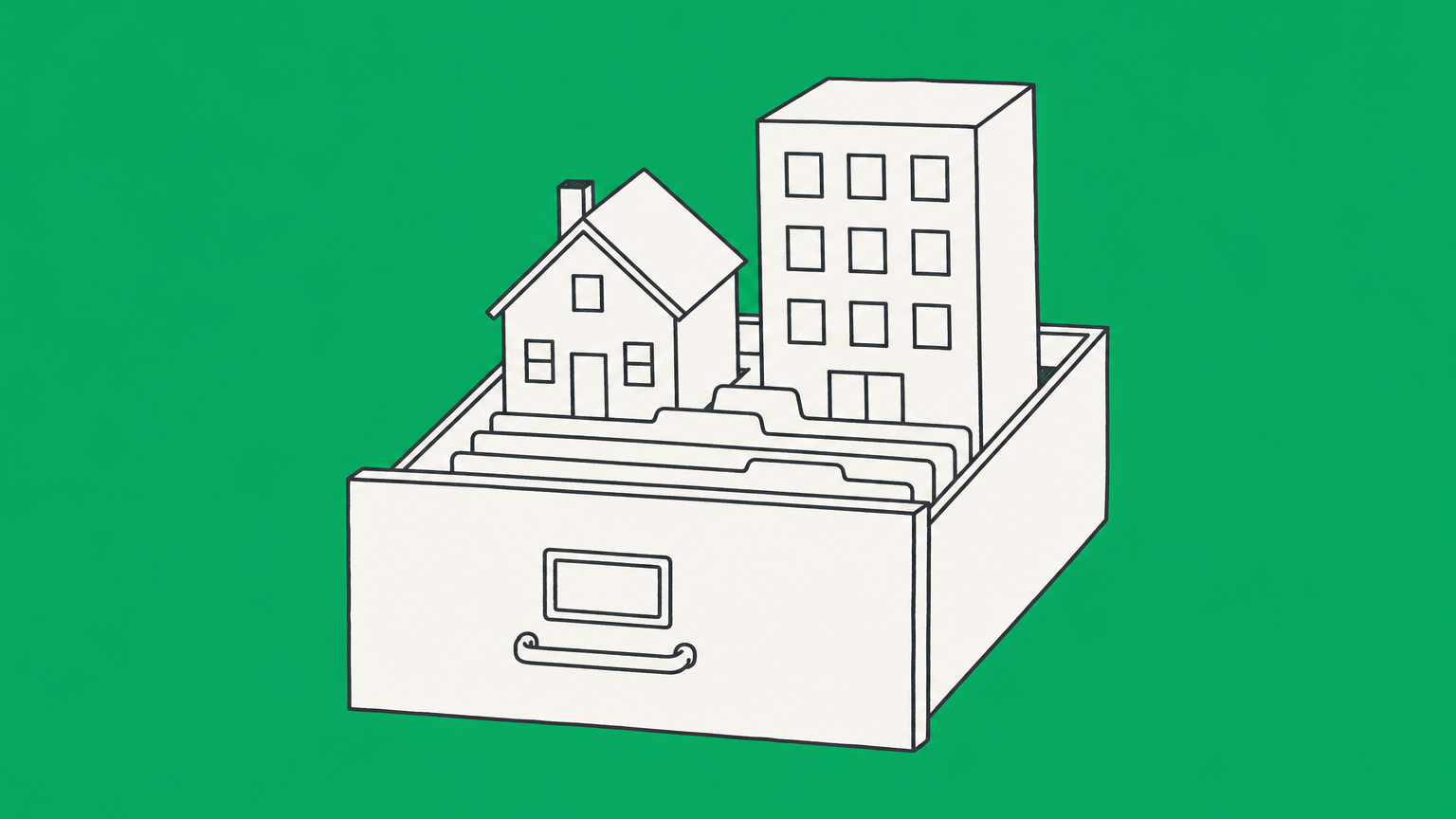 Flat illustration of a house and an office building in a filing drawer, representing NAICS code 531390 for real estate