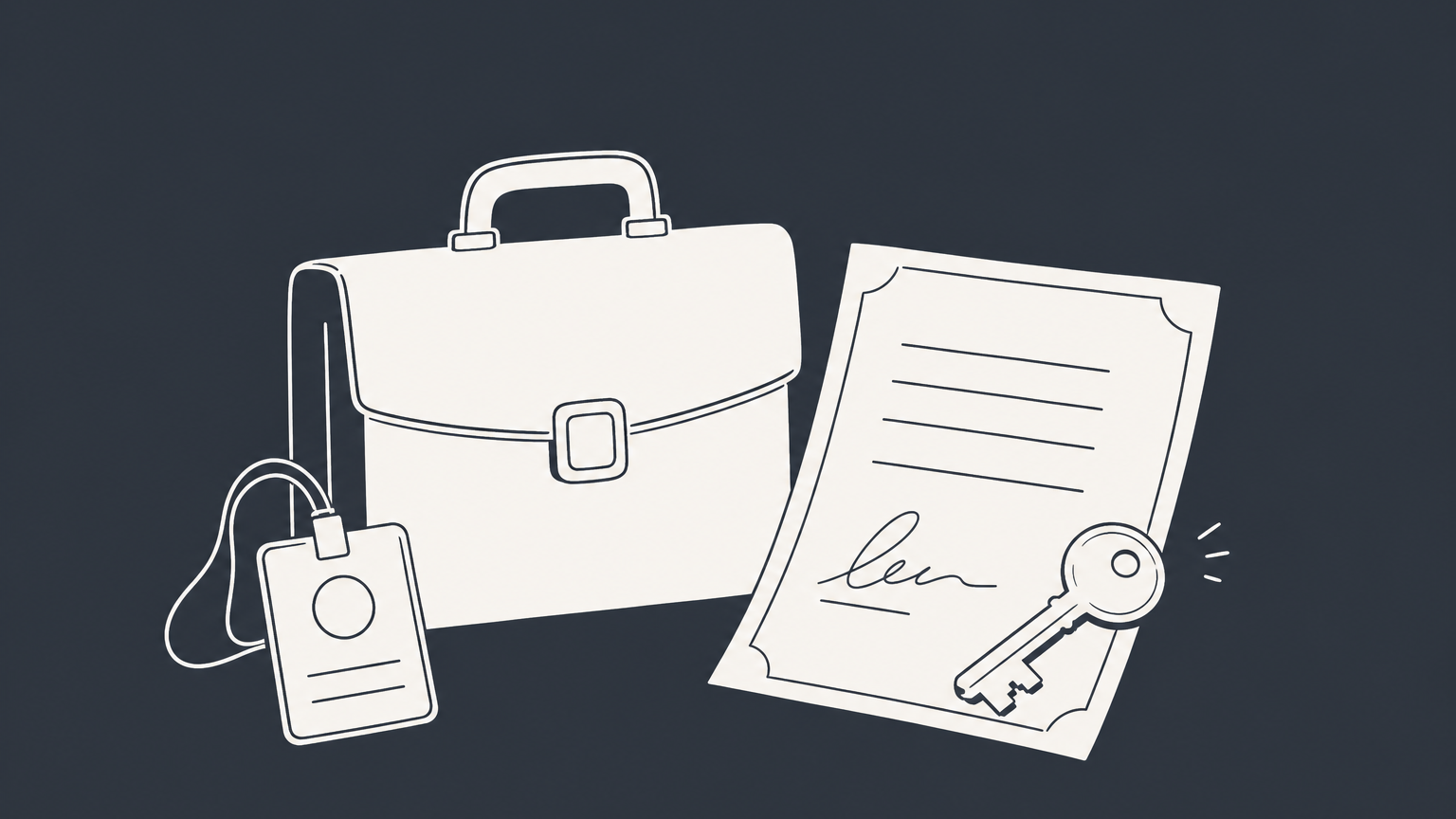 Flat illustration of a briefcase with a badge next to an authorization document with a key, representing attorney at law vs attorney in fact