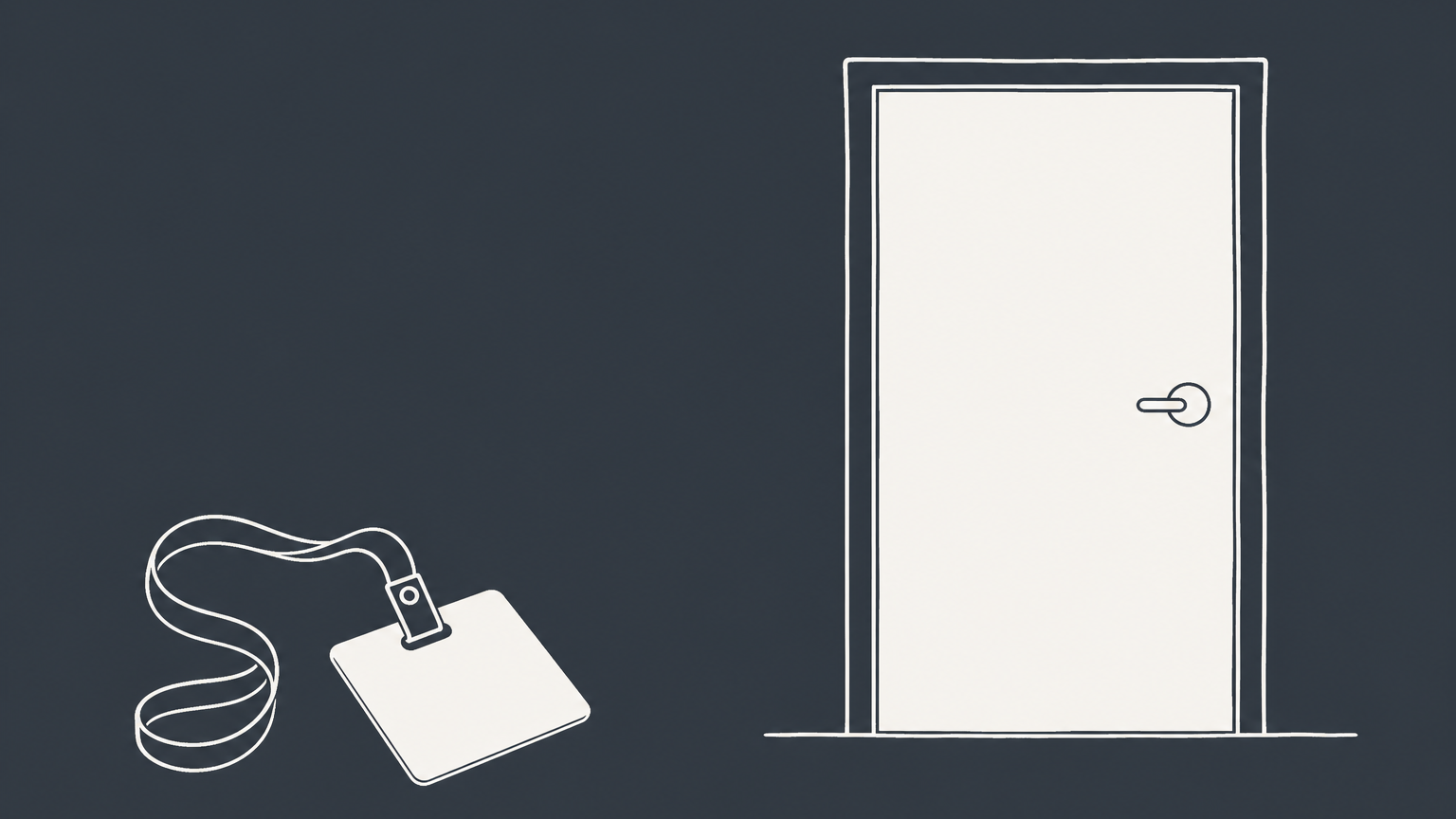 Flat illustration of a detached workplace ID badge beside a closed office door representing the meaning of employment termination.