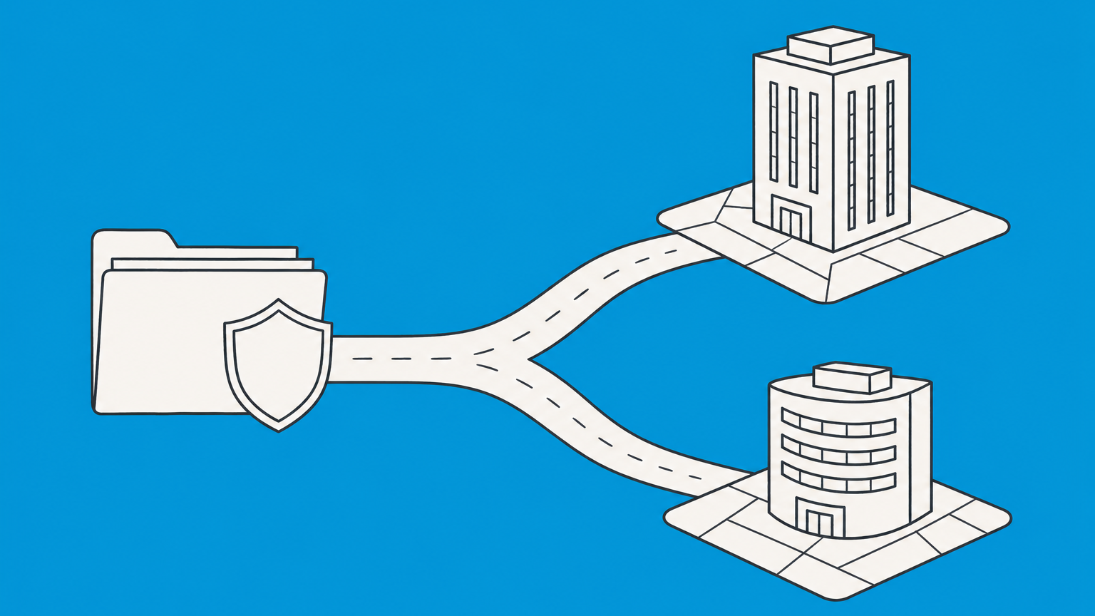Flat illustration of a shielded business folder branching toward two office buildings, representing the meaning of Ltd and the Ltd vs LLC comparison.