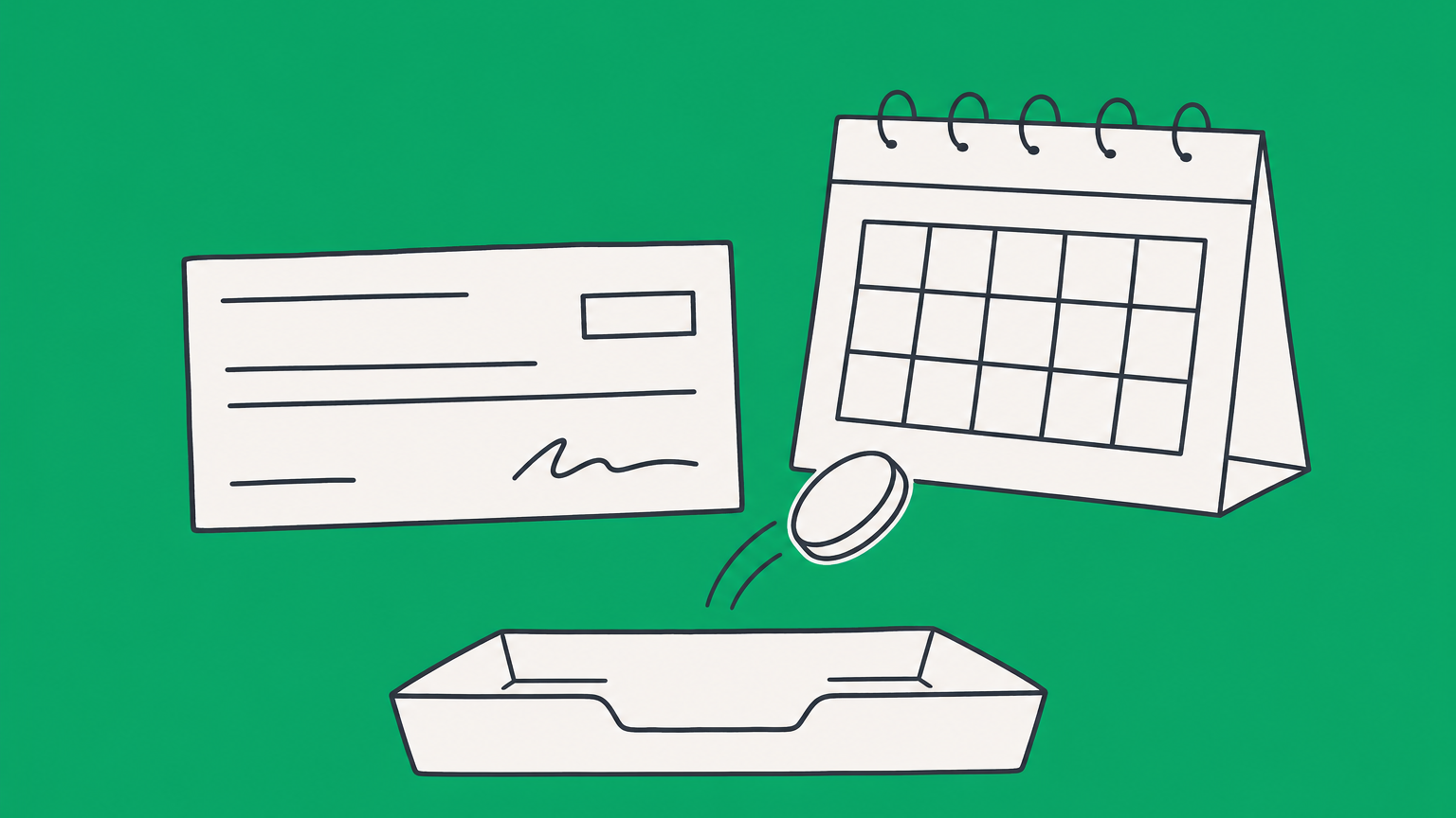 Flat illustration of a paycheck beside a calendar with a coin passing over a tray, representing filing exempt from withholding