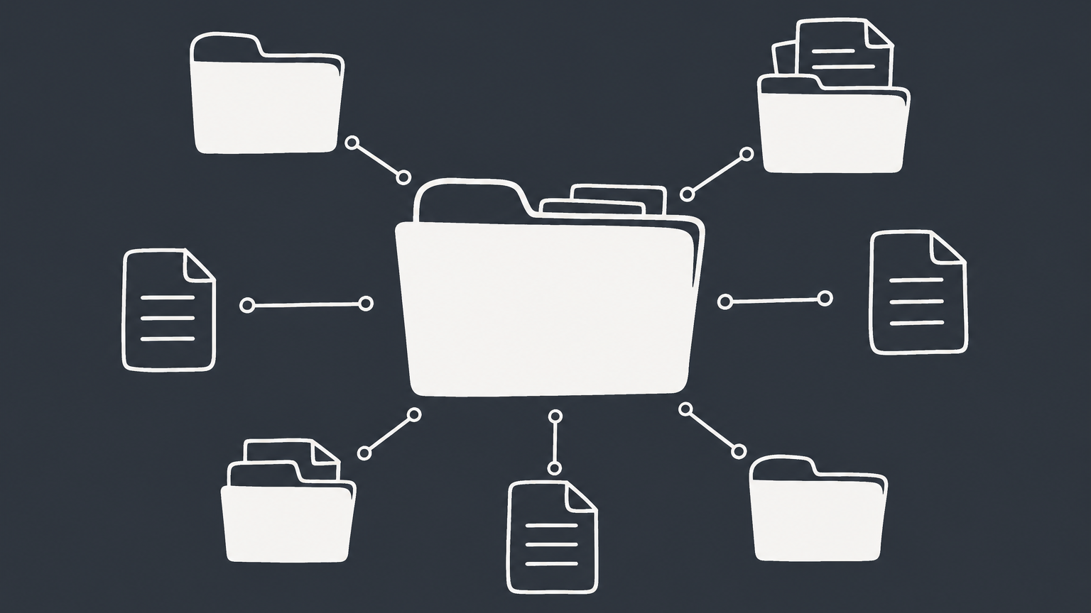 Flat illustration of a central contract folder connected to smaller supporting documents representing the ancillary meaning in law.