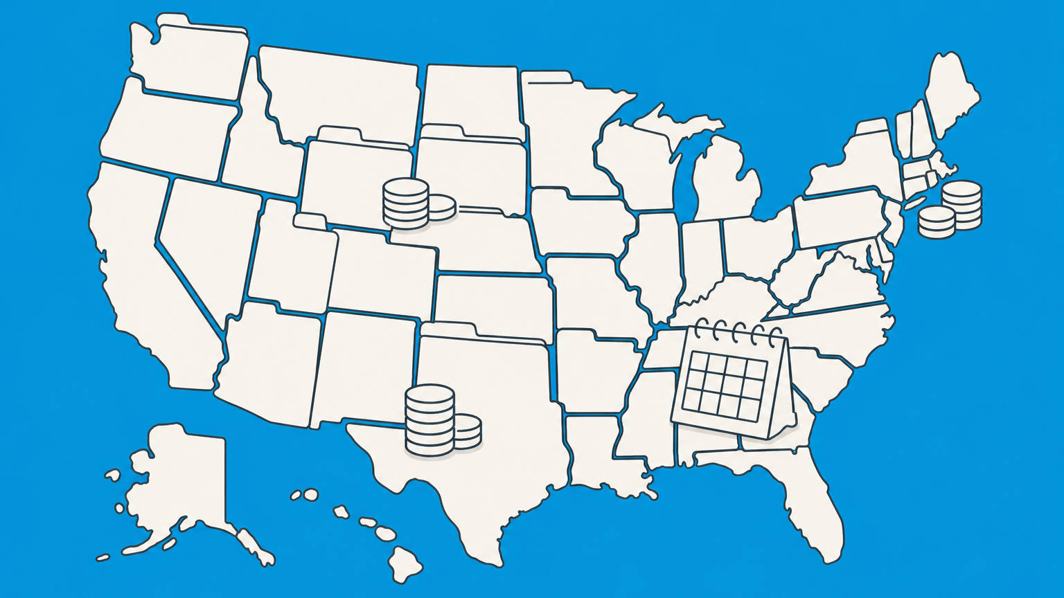 Flat illustration of a U.S. map made from filing folders with a calendar and coin stacks representing annual LLC costs by state.