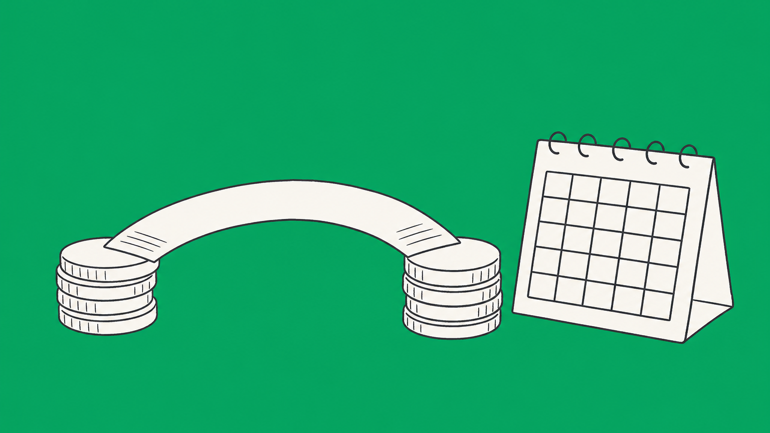 Flat illustration of a blank note bridging two coin stacks beside a calendar, representing an IOU and scheduled debt repayment.