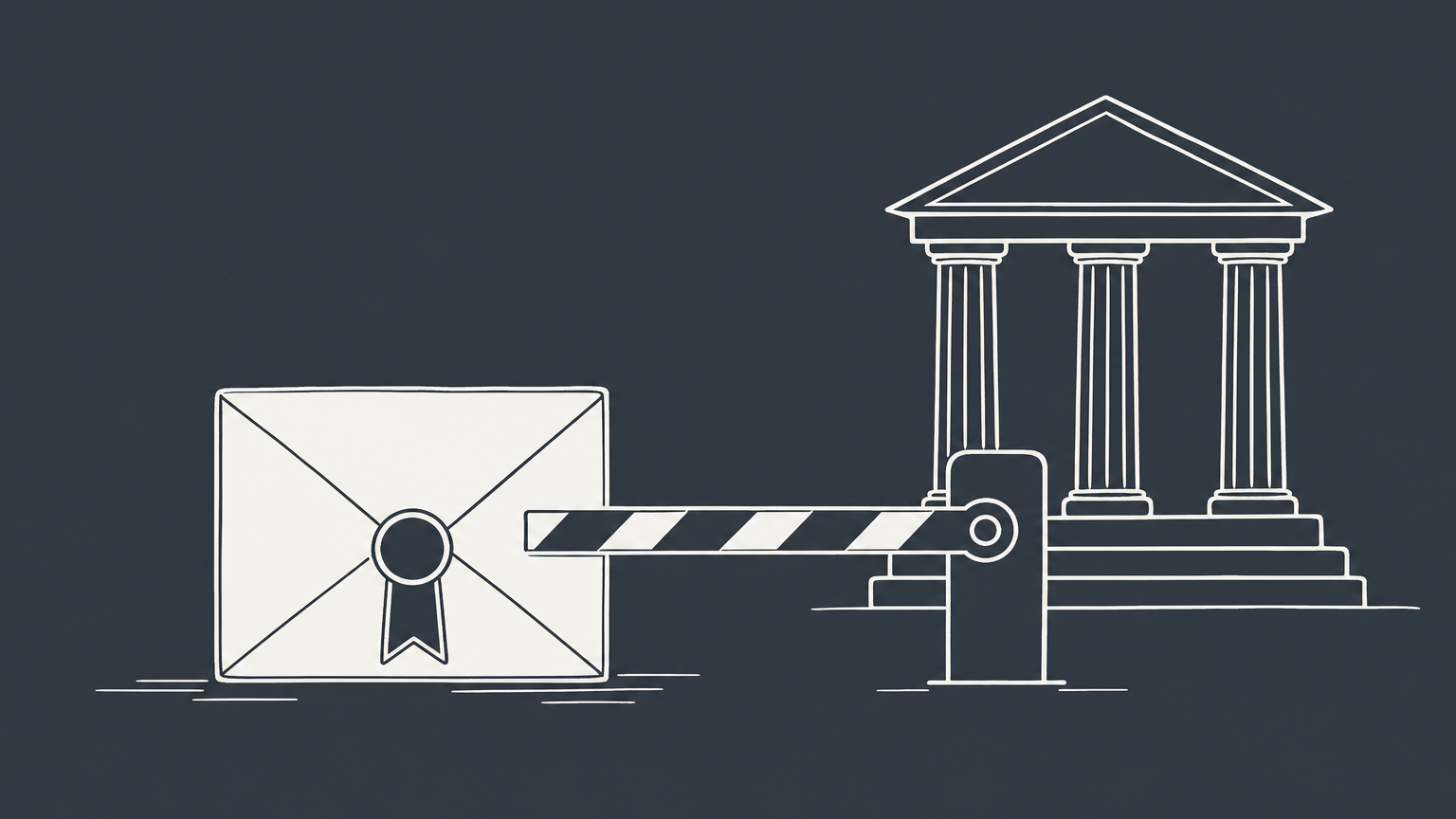 Flat illustration of a sealed envelope stopped at a barrier in front of a courthouse column, representing a cease and desist