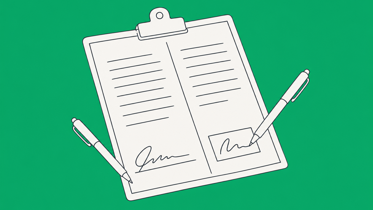 Flat illustration of a document with a primary signature and a separate witness mark representing the meaning of attest.