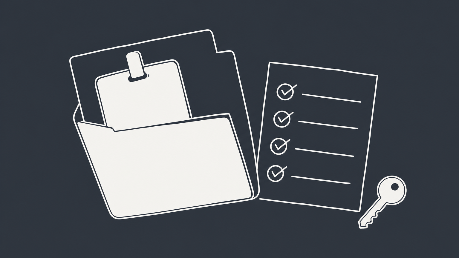 Flat illustration of a document folder, identification card, checklist, and office key representing EIN application requirements.
