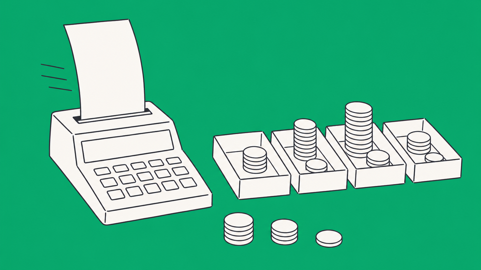 Flat illustration of a trademark application, calculator, and coins divided among class trays to represent the cost to trademark a name.