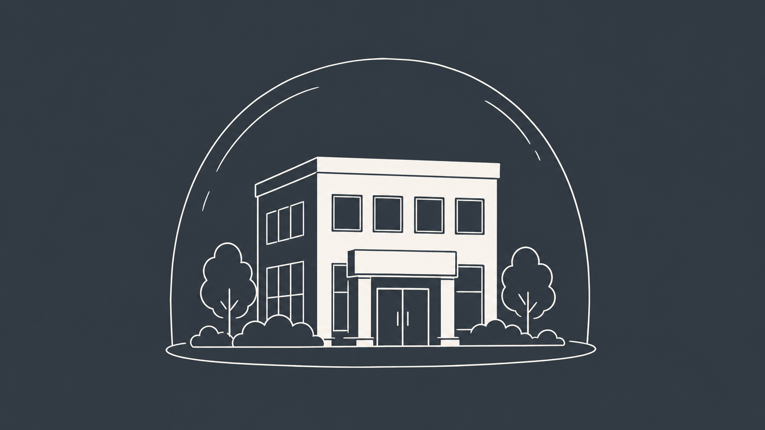 Flat illustration of an office building inside a protective shell with a blank nameplate, representing what Inc. means