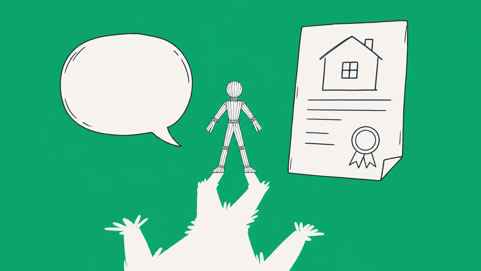 Flat illustration of a straw figure between a speech bubble and property deed, representing strawman meanings in arguments and law.