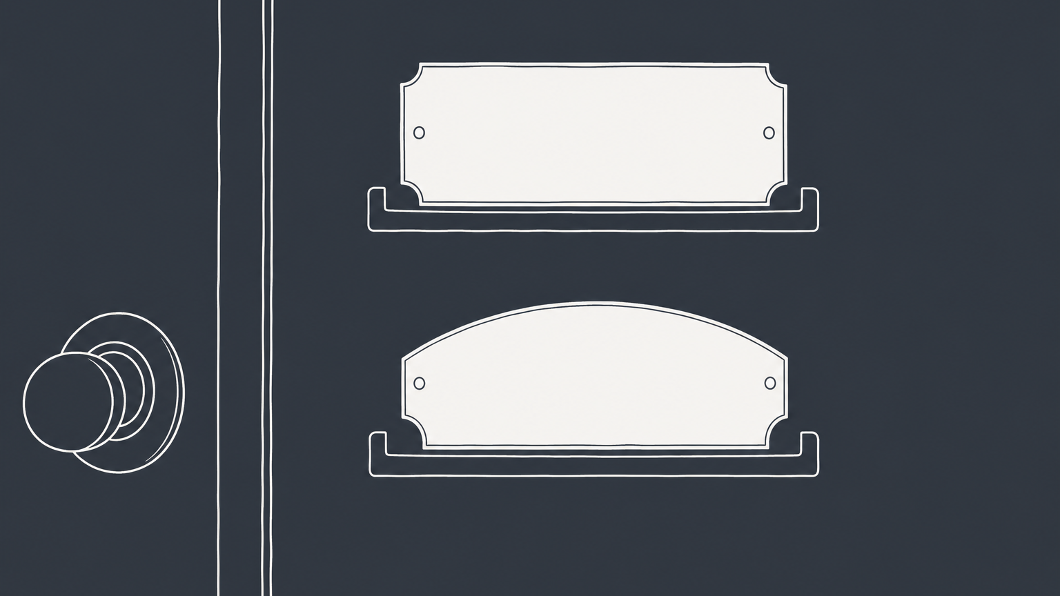 Flat illustration of two interchangeable nameplates fitting the same office door to represent the Inc. vs. Corp. distinction.