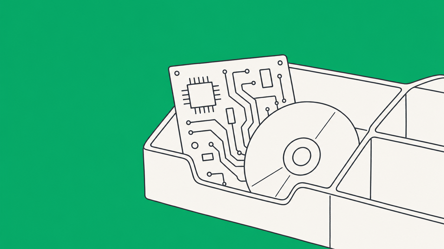 Flat illustration of a circuit board and software disc in a sorting tray compartment, representing trademark class 9 goods