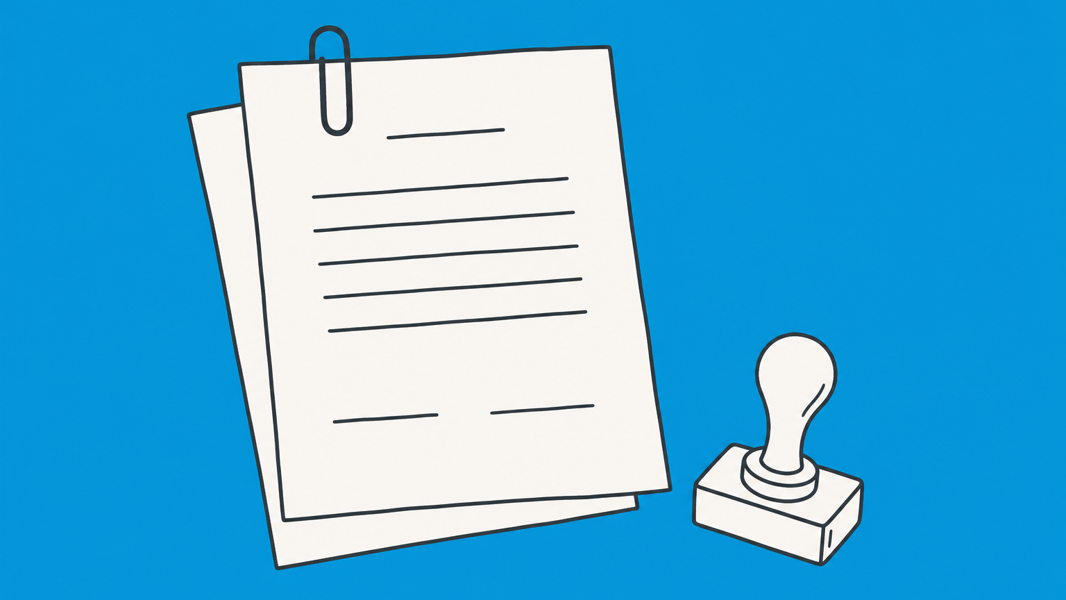 Flat illustration of two secured contract pages beside an optional rubber stamp representing whether a contract must be notarized to be legally binding.
