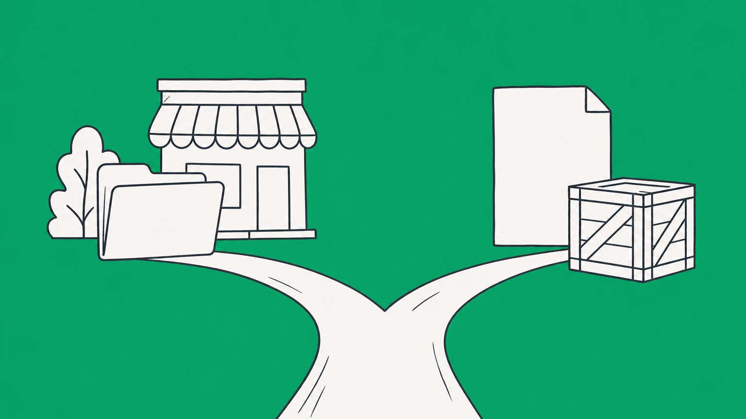 Flat illustration of a forked path between a business filing folder and a bank document with cargo, representing LC meaning in business and banking.