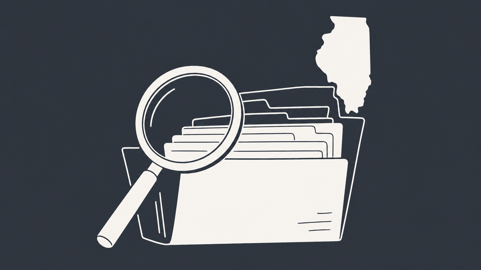 Flat illustration of a magnifying glass examining an Illinois business-record folder for an Illinois LLC search.