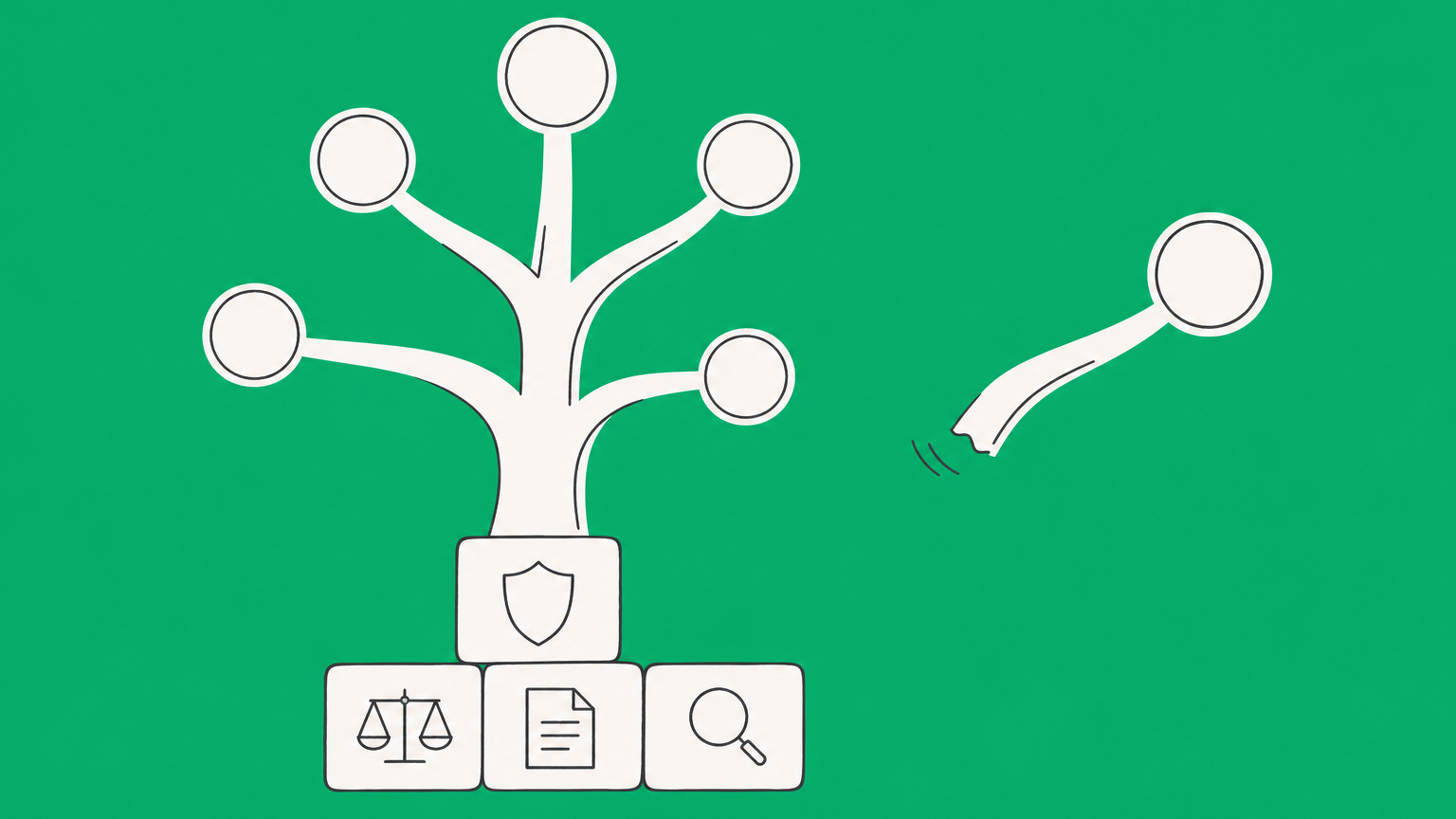 Flat illustration of a decision tree with one unsupported branch, representing arbitrary meaning in law.