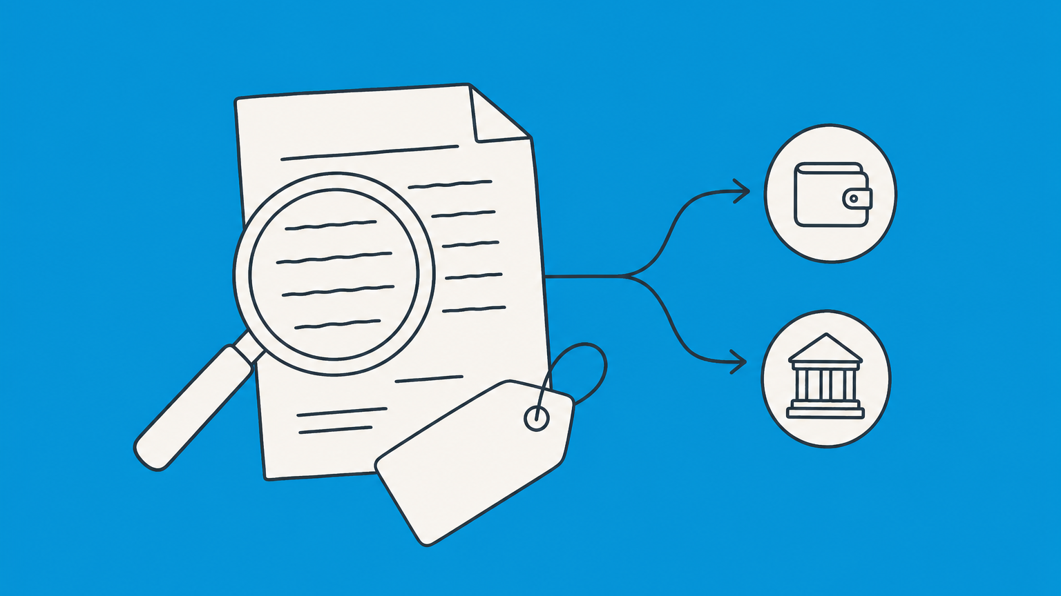 Flat illustration of a magnifying glass, contract, price tag, and payment paths representing contract review lawyer costs and services.