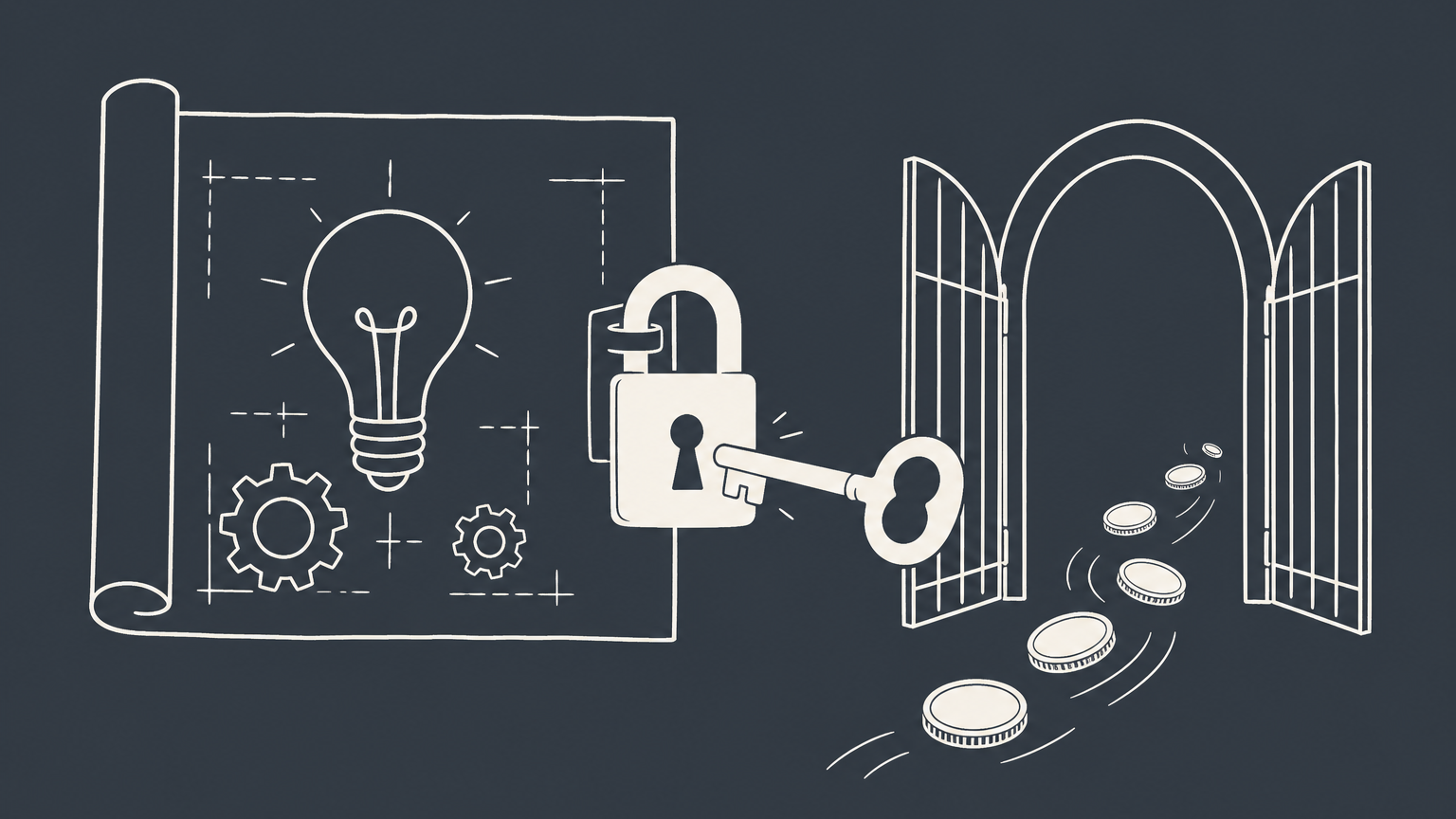 Flat illustration of a key unlocking an invention blueprint and releasing coins to represent patent royalties.