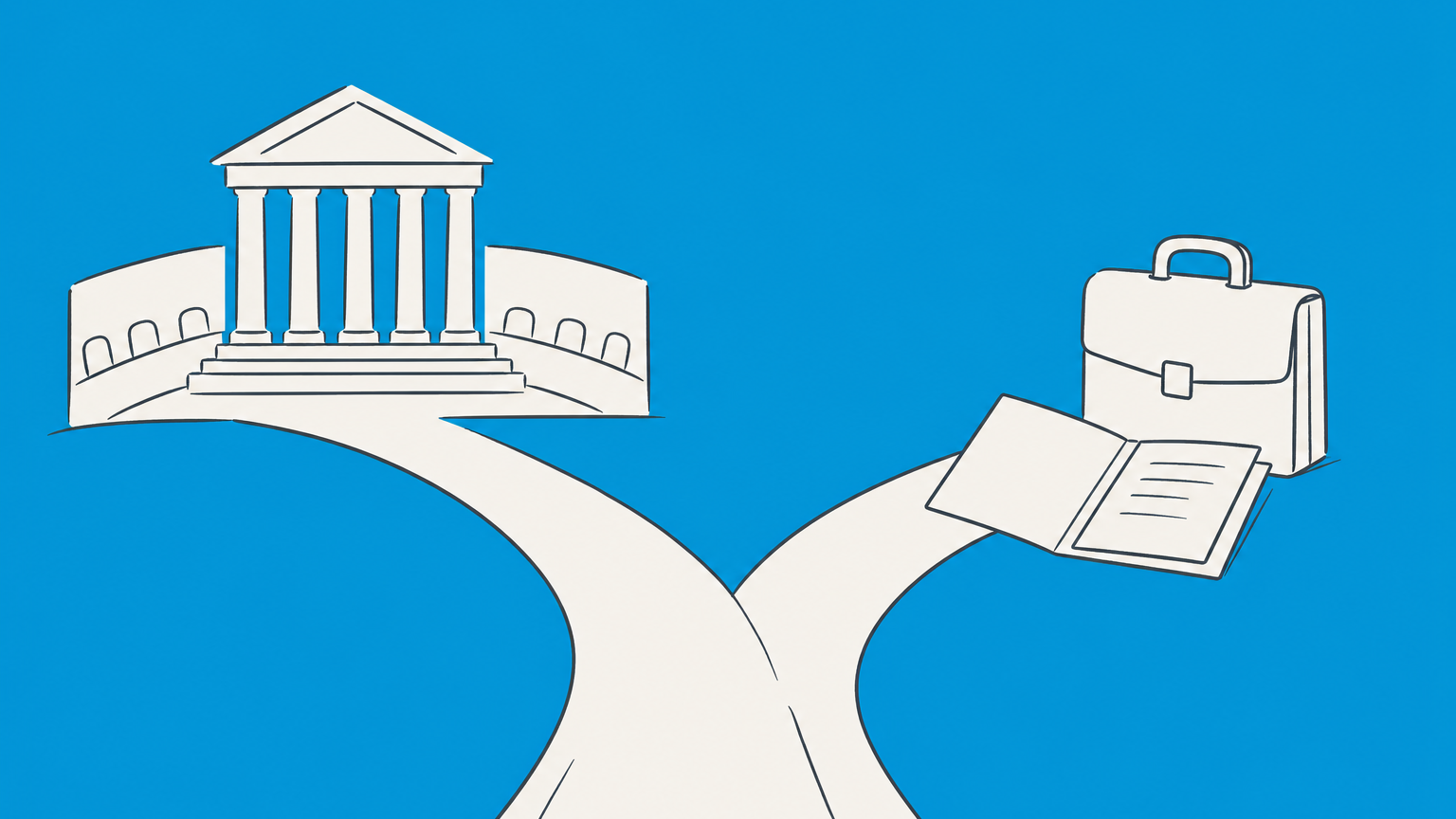 Flat illustration of a forked path between a council chamber and a legal briefcase, representing councilor vs counselor.