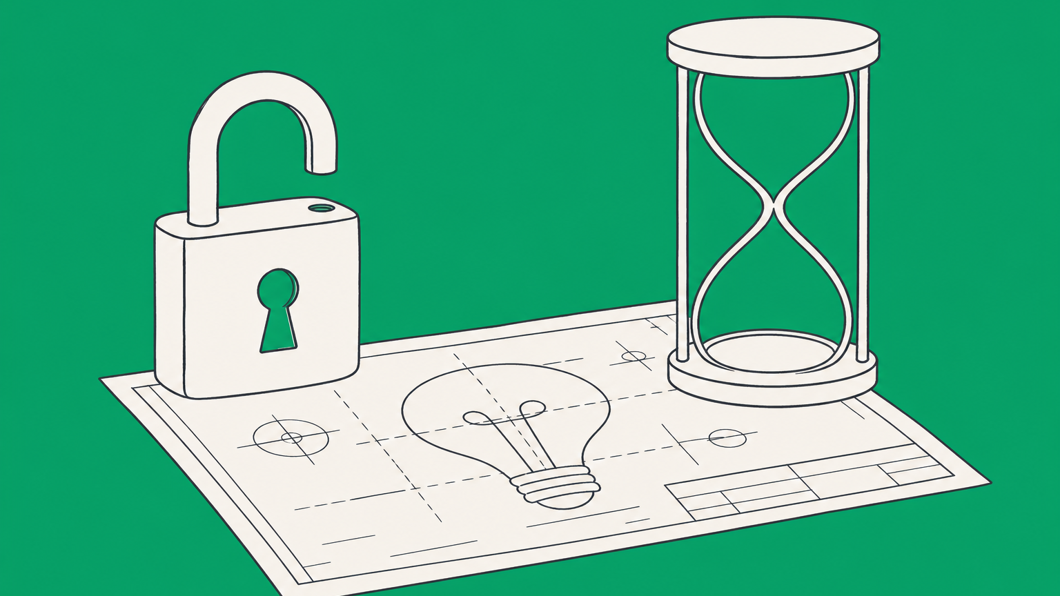 Flat illustration of an open padlock and empty hourglass on an invention blueprint representing why patents expire.