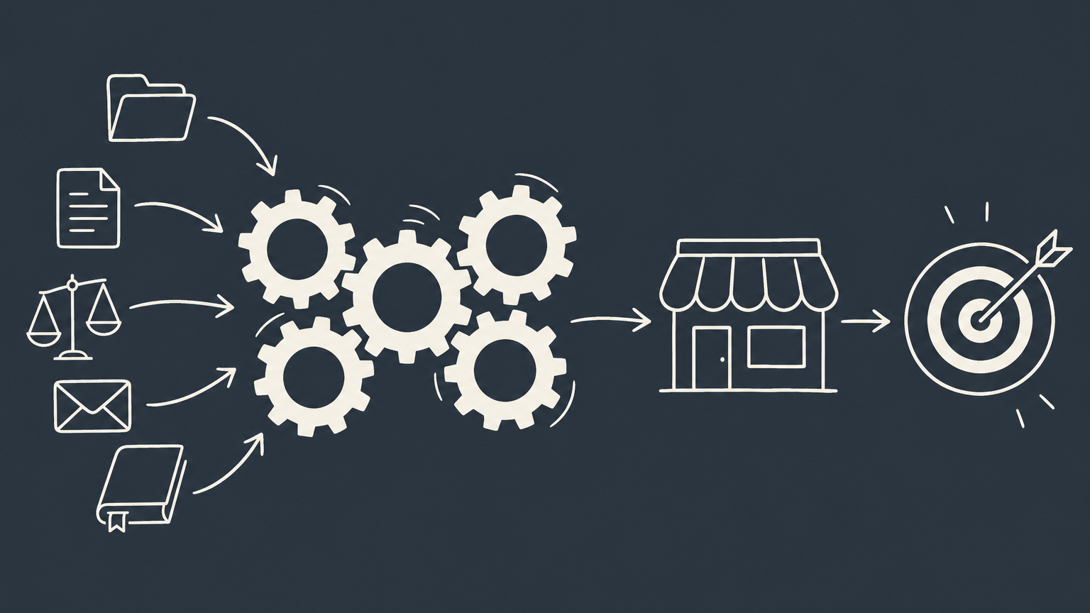 Flat illustration of five interlocking gears guiding resources through a storefront toward a target to represent business management.