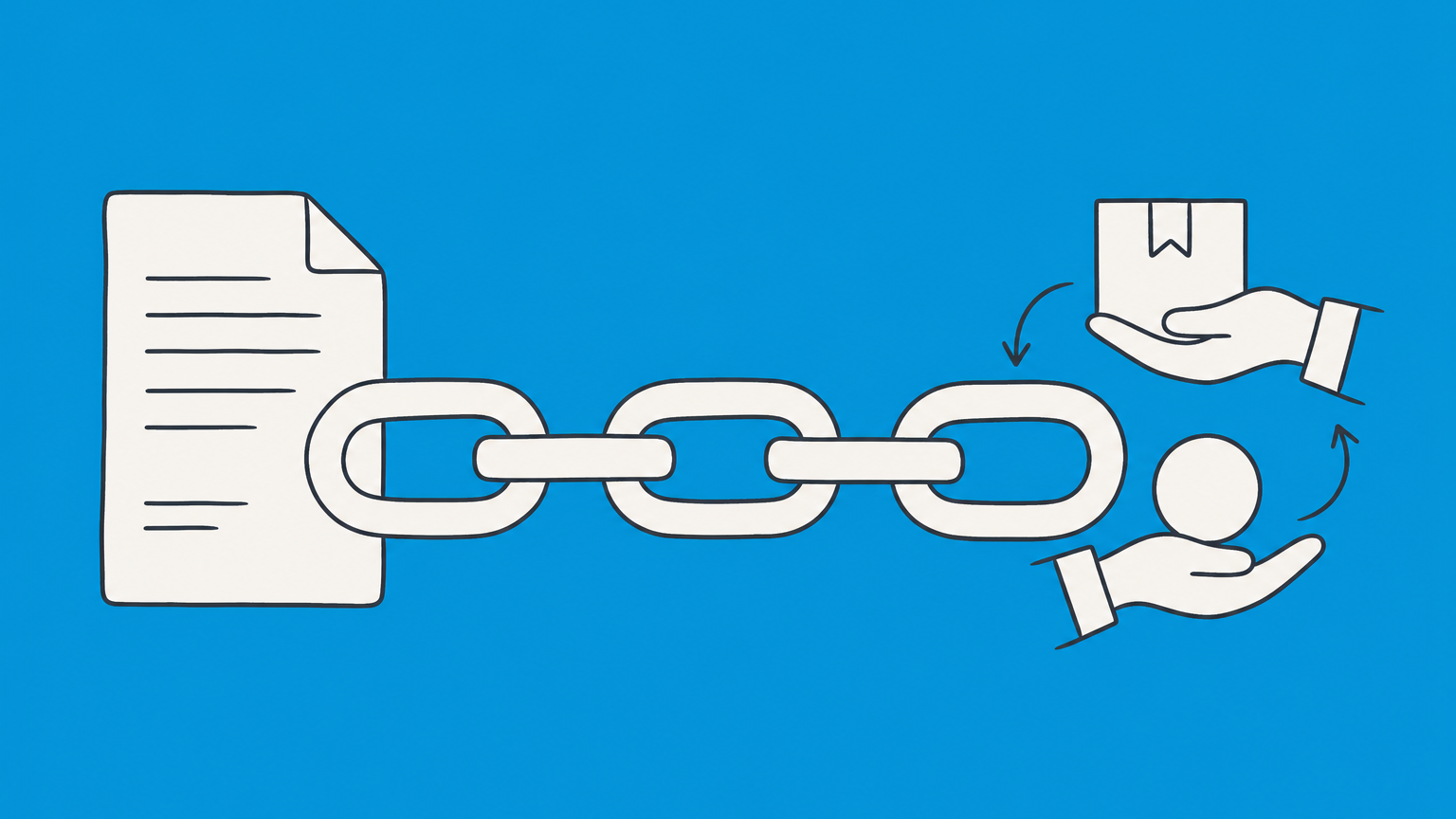 Flat illustration of three interlocking chain links representing offer, acceptance, and consideration in a contract.
