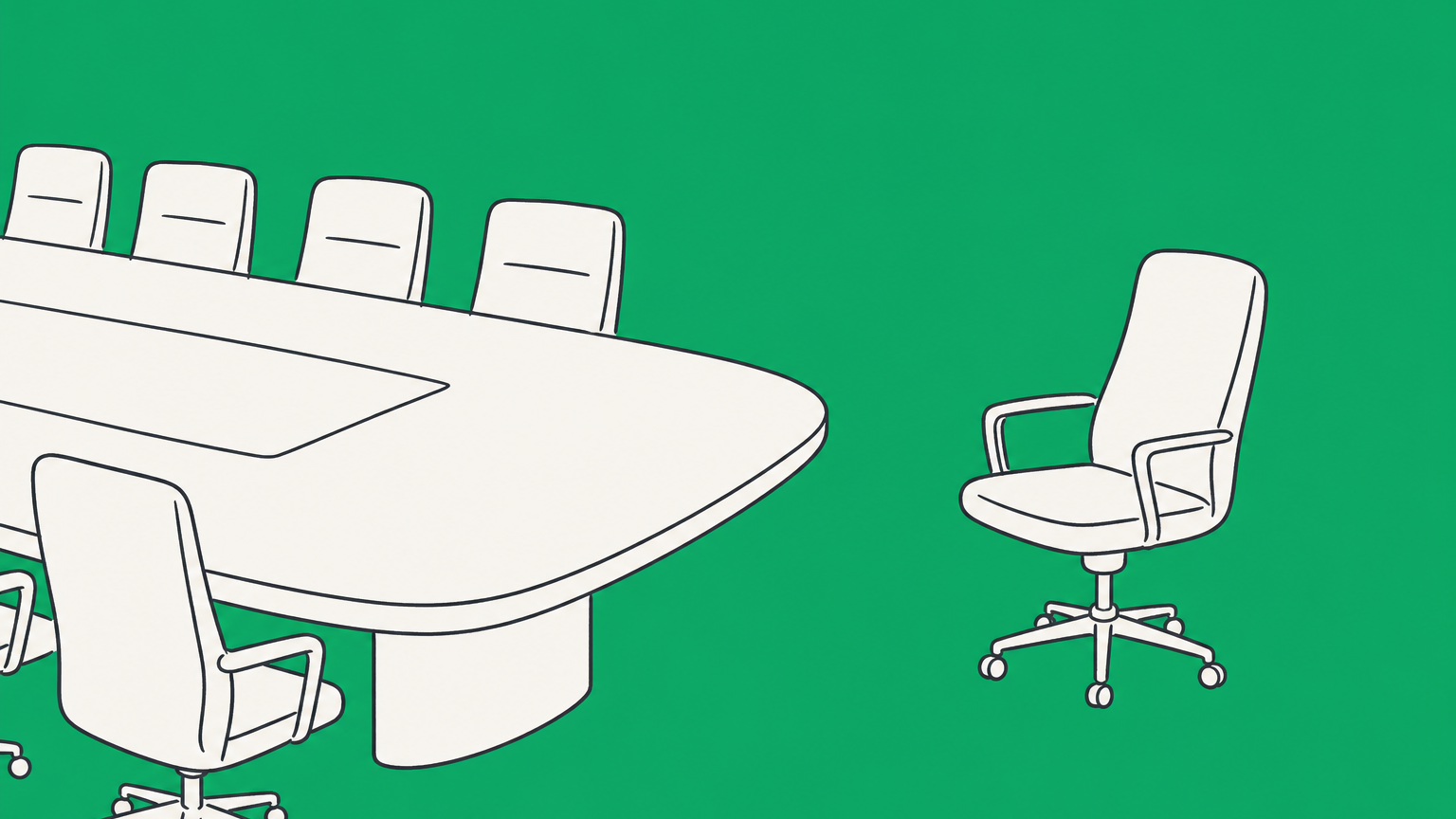 Flat illustration of a boardroom table with an executive chair pulled away, representing whether a CEO can be fired