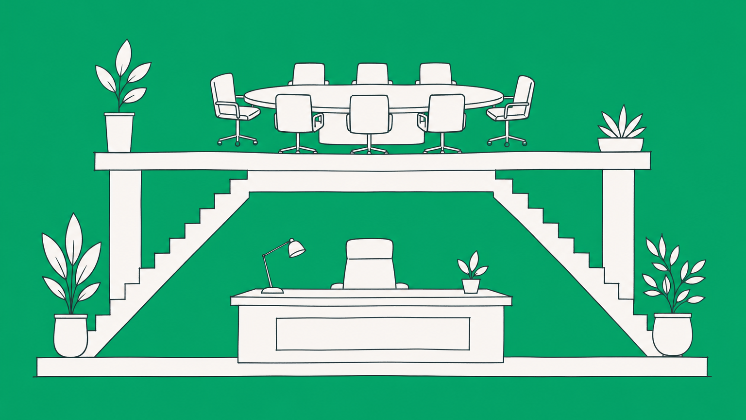 Flat illustration of a tiered structure with a boardroom table above an executive desk, representing the highest position in a company
